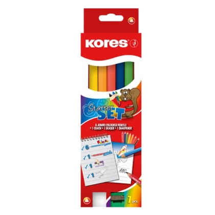 Цветни моливи KORES KOLORES JUMBO STARTER, комплект/  6+1 цвята, гумичка и острилка/