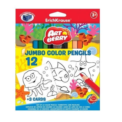 Цветни моливи ErichKrause ArtBerry® Jumbo + 3 карти за оцветяване + острилка, 12 цвята