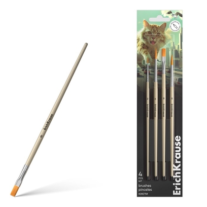 Четки ErichKrause® Big City Cats, 4 бр. (1 плоска + 3 обли), блистер