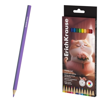 Пластмасови шестоъгълни цветни моливи ErichKrause® Prima Cat, 12 цвята