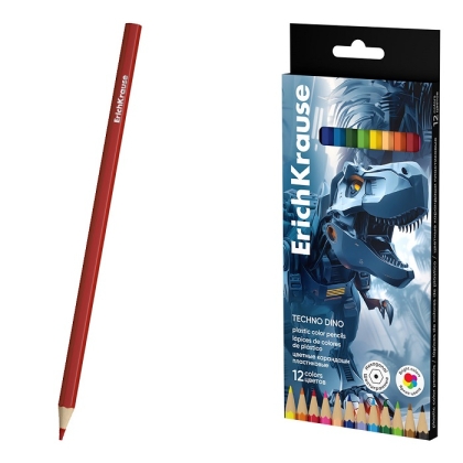 Пластмасови шестоъгълни цветни моливи ErichKrause® Techno Dino, 12 цвята