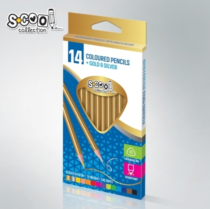 Цветни моливи  S-COOL 14 цвята (12 цвята + сребро и злато)